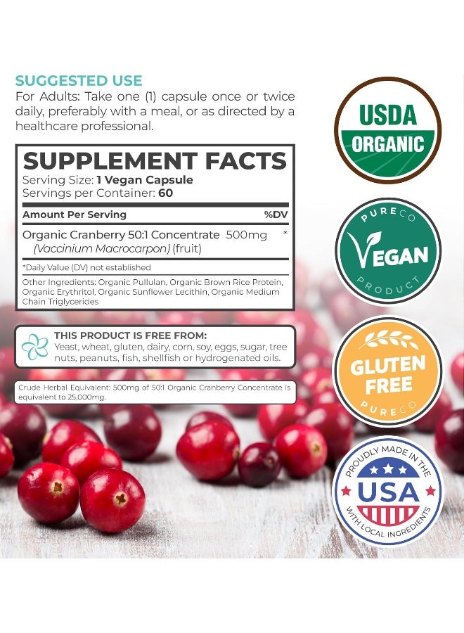 PURE CO Organic Cranberry Pills - 50:1 Concentrate Equals 25,000mg of Fresh Cranberries (Vegan) for Urinary Tract Health & Kidney Cleanse - Cranberry Pills for Women - UTI Support Supplement - 60 Capsules - Image 5